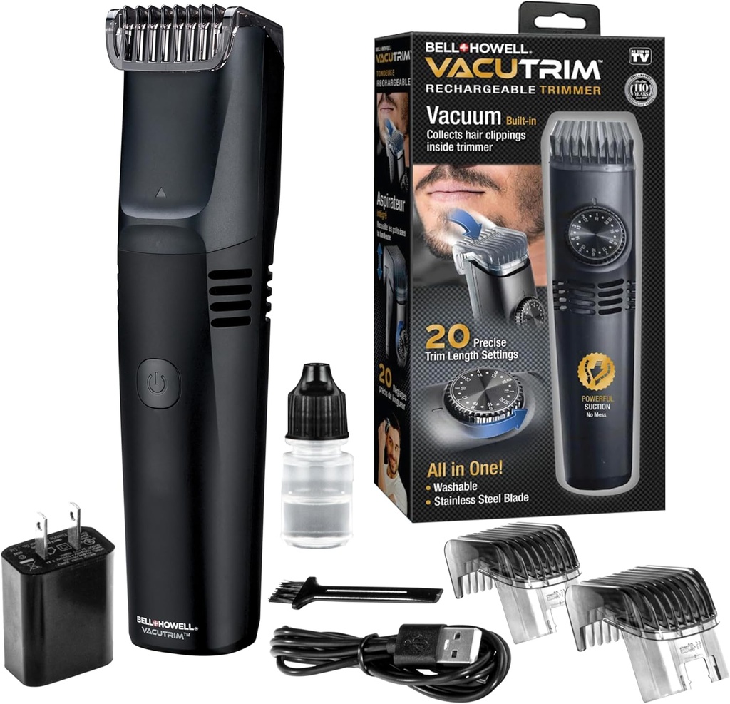 Vacutrim johdoton miesten parta Trimmer, ladattava Electric Shaver 20 Trim asetus Kalibrointi soittaa ja sisäänrakennettu tyhjiö viiksi, Sideburns. Kasvot hiukset, musta, 7,5", Kuten nähty TV