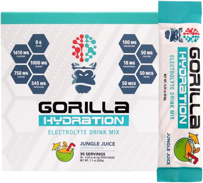 Gorilla Mind Hydration Packets - 3,073 mg Electrolyyttejä Go Kätevä Drink Mix kattavan Replenishment - nollasokeria, luonnollisesti makeutettu & Fating Friendly - 30 Count (Jungle Juice)
