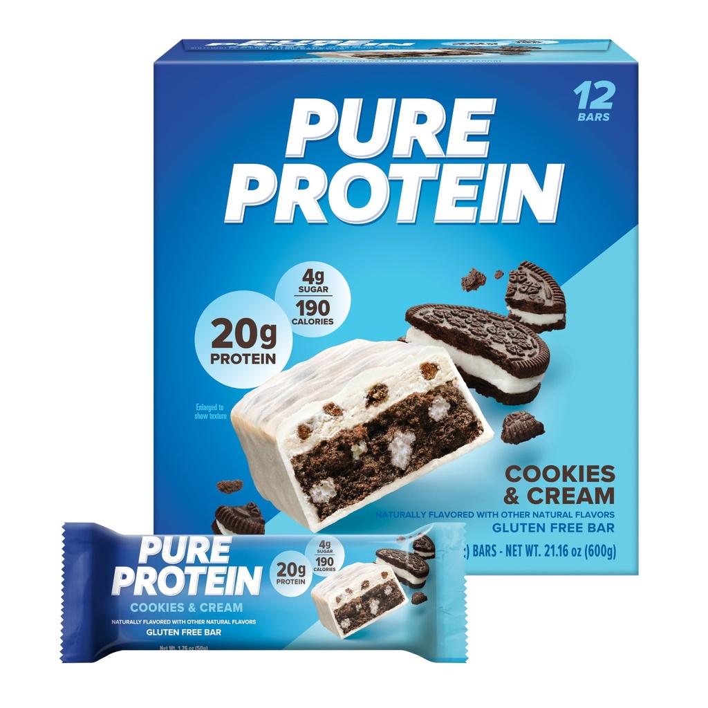 Rena proteinbarer, hög protein, näringsrika snacks för att stödja energi, låg socker, glutenfri, kakor och kräm, 1,76oz, 12 Pack