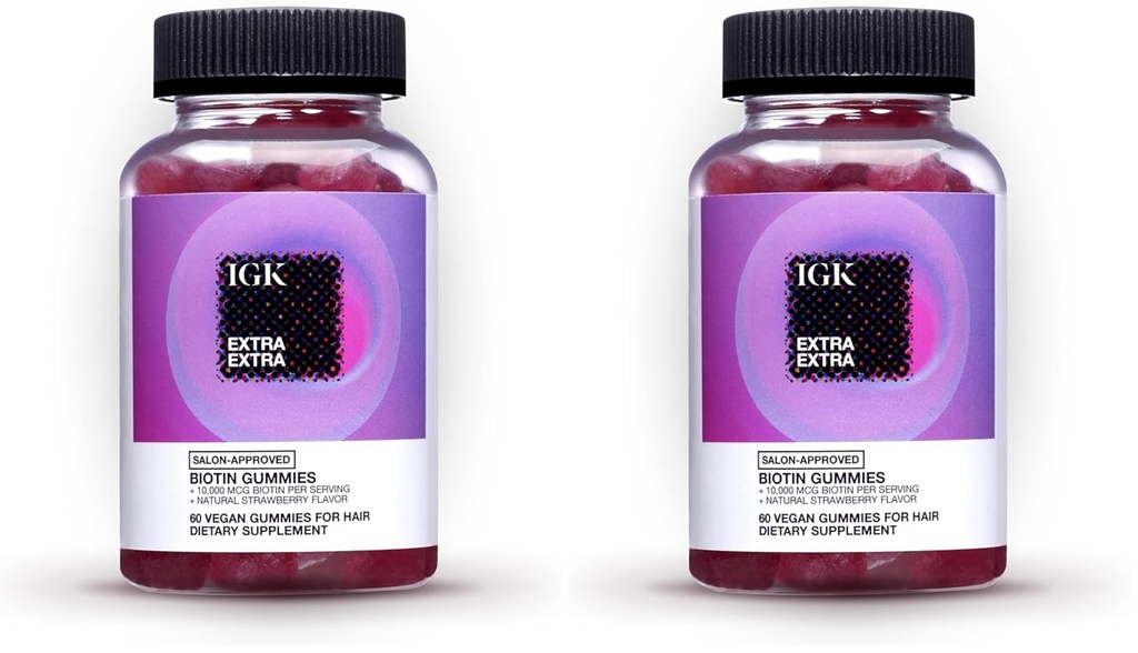 IGK Biotin hiukset Gummies 10 000 mcg Biotin (60 kreivi), mansikan makuinen, hiusten kasvu täydentää Gummies terveille hiuksille, iholle ja kynnet, vegaaninen, auttaa torjumaan hiustenlähtöä ja ohenemista (paketti 2)