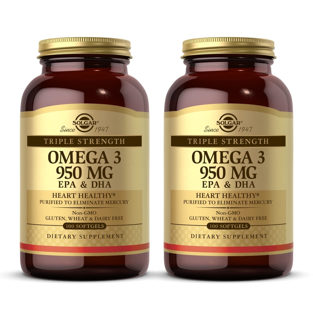 Solgar Triple Strength Omega 3 950 mg - 100 Softgels, Pakkaus 2 - Tukee Joint & Skin Health - Ei-GMO, Gluteeniton, Dairy Free - 200 Yhteensä
