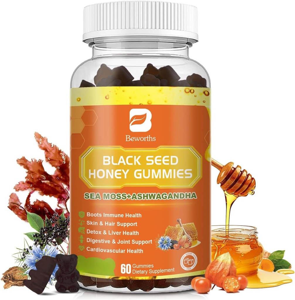Black Seed Oil Sea Moss Gummies with Ashwagandha, Burdock Root, Linden Honey, Elderberry, Turmeeric, C-vitamiini, D3 & Sinkki - Tukee immuniteettia, nivelet, Digestio, Hiukset ja iho, Vegan Gummies 60 Counts