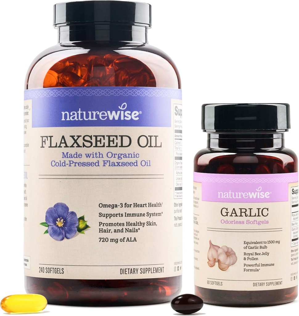 NatureWise Organic Pellavaöljy Max 720mg ALA ... Korkein Potenssi Pellavaöljy Omega 3 Valkosipuli Odorless Softgels 1500mg Tuki Hampaat & Immuunijärjestelmä Terveys