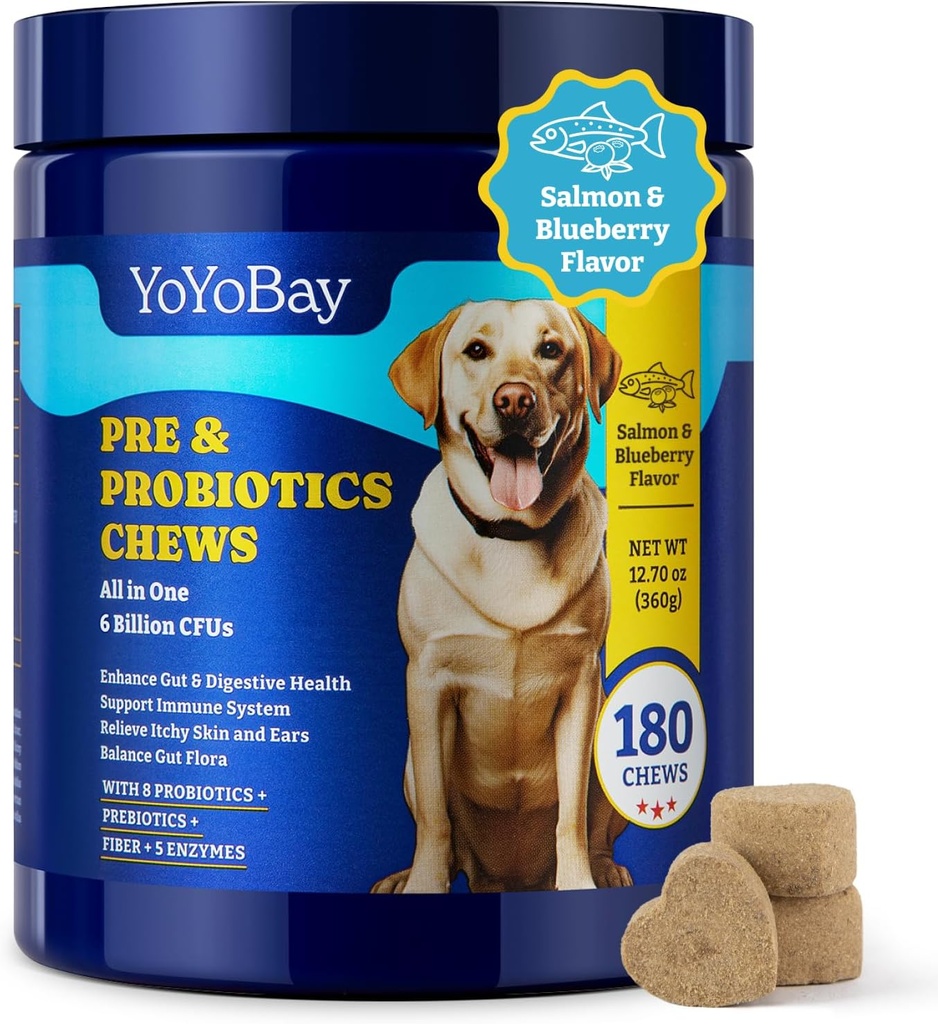 Probiotika för hundar - Dog Probiotics for Gut, Immune & Skin Health - 6 miljarder CFUs, 180 Soft Chews, Salmon & Blueberry Flavor - med Prebiotics & Digestive Enzymes