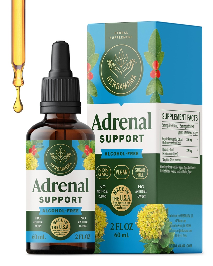 HERBAMAMA Adrenal Support Liquid Drops - Vegan Adrenal Tincture med Ashwagandha Root & Rhodiola Rosea Extract - Non-GMO, Alkohol & Sugar-Free Supplement - 28-dag Supply