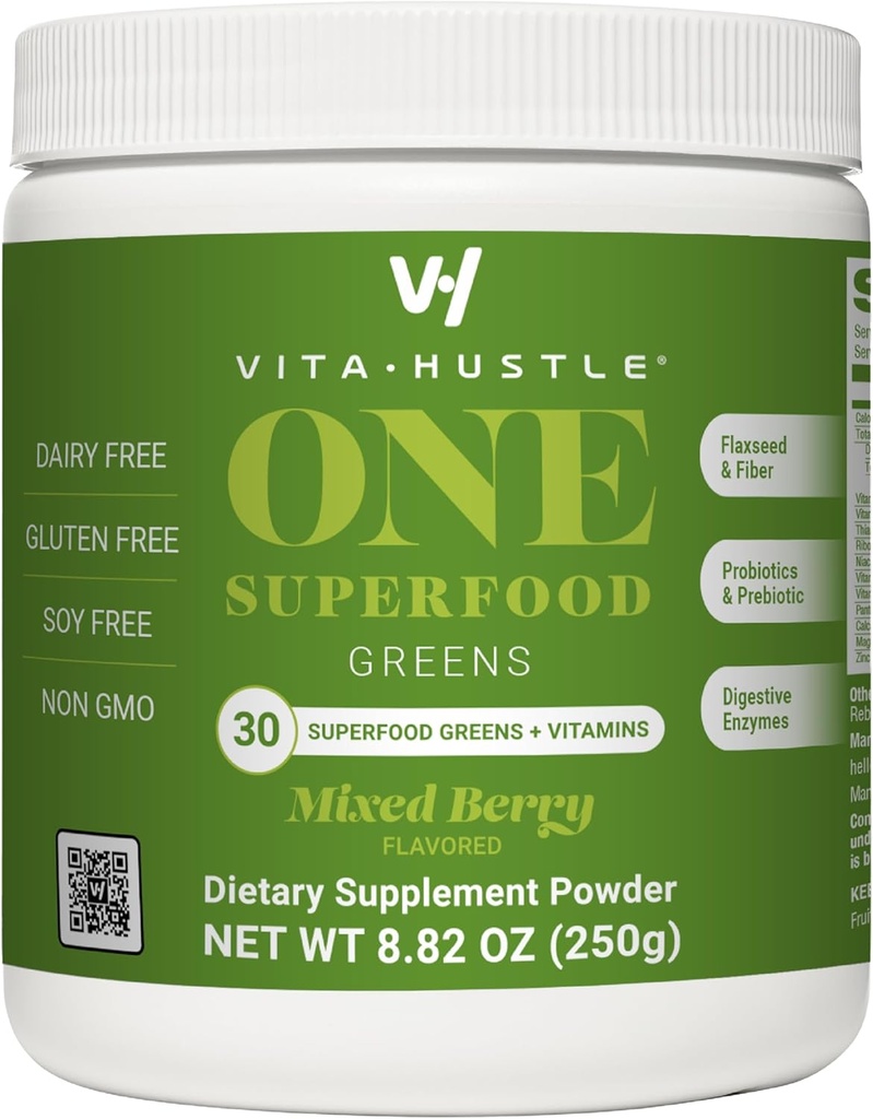 VitaHustle ONE Superfood Super Greens Powder Prebiootit + Probiootit, vähentää turvotusta, Detox, Gut Health, Spirulia, Klorella, Ruoansulatuskanavan Entsyymit (Berry Flavor, 25 Servings)