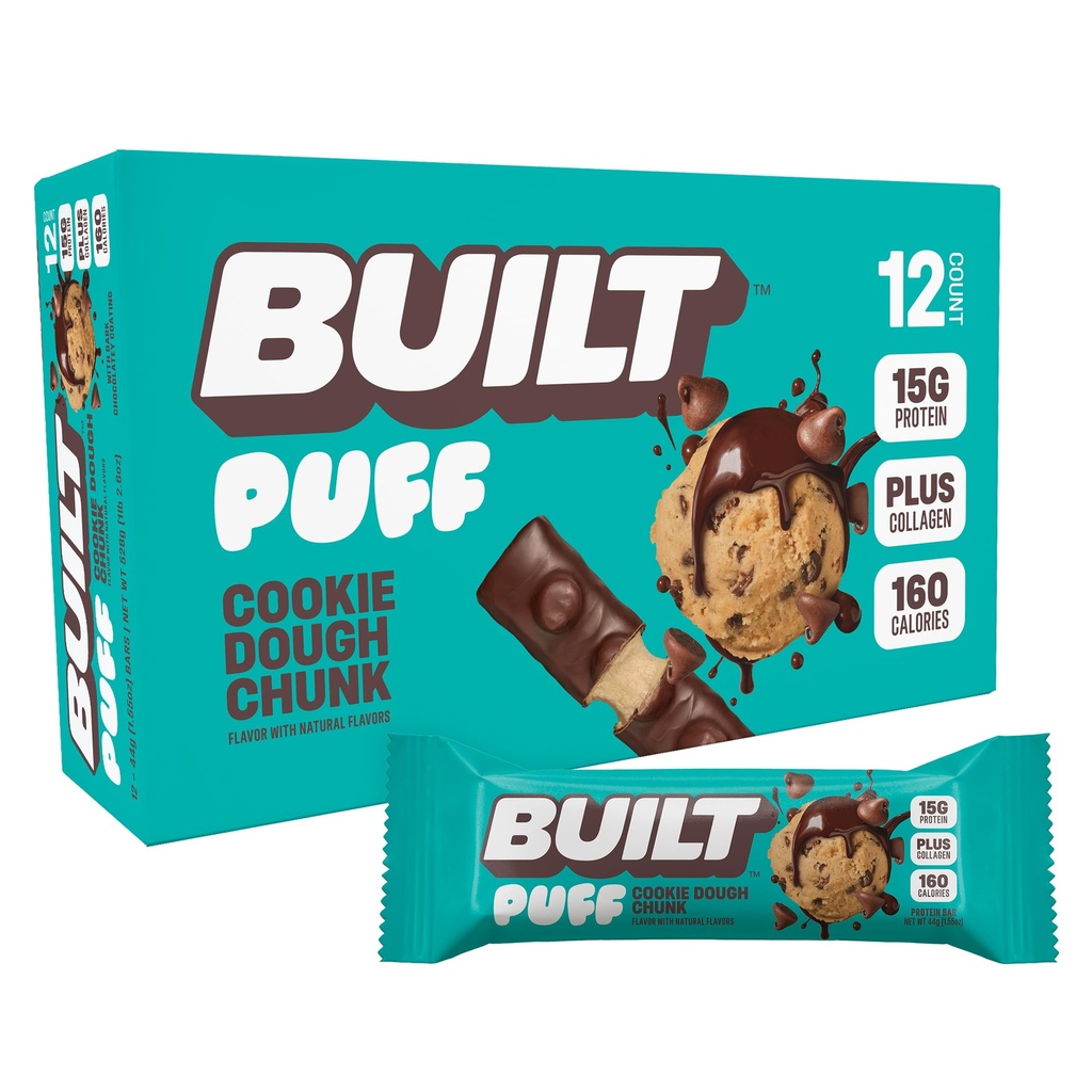 Byggd Bar, Puff Protein Bars, Cookie Dough Chunk Puff, 15g Protein Snacks, On-The-Go Bars, Endast 160 kalorier, 8g Sugar, Collagen, Inte Gluten Free, 12 Count
