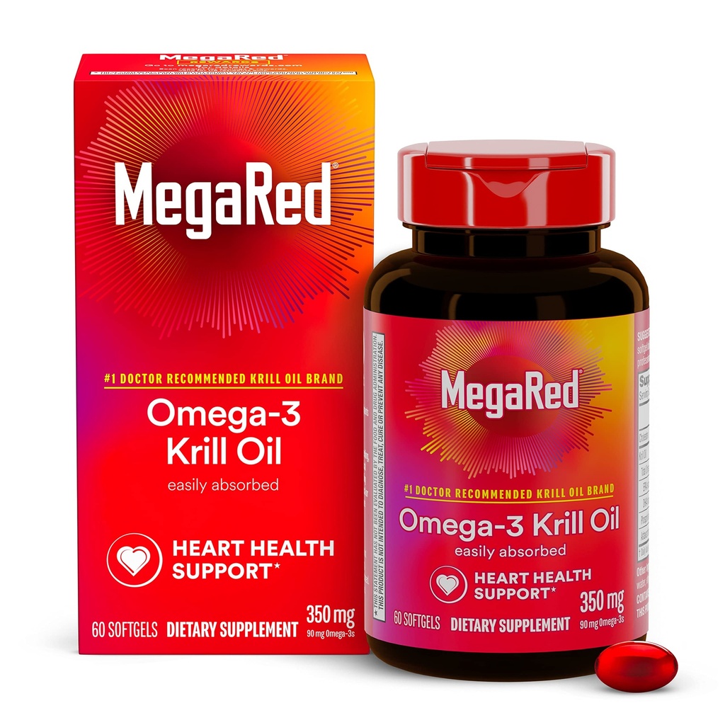 Omega-3 Krill Oil 350 mg Softgels, MegaRed (60 Count In A Bottle), EPA & DHA Omega-3 Rasvahapot Ei kalainen Jälkimaku Toisin kuin kalaöljy, sisältää antioksidantti Astaksantiini