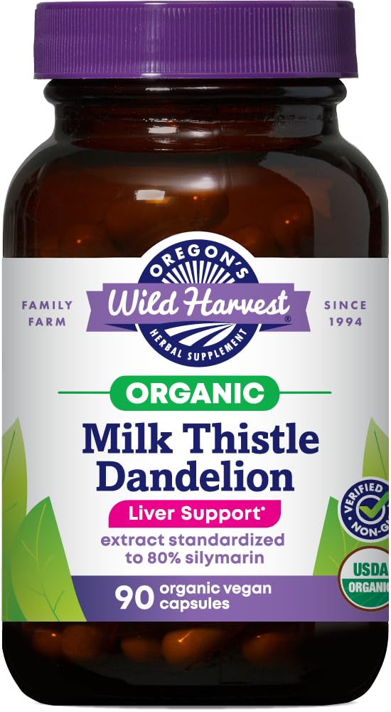 Oregonin Wild Harvest Certified Organic Milk Thistle Voikukka Kapselit Maksan tuki uute Standardoitu 80% Silymarin, 90