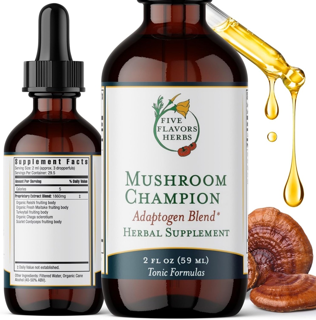 Mushroom Champion Tincture - Metabolinen tuki, Immuuni tuki, hengitysteiden tuki, Adaptogen Blend, Tonic Formula, Reishi, Maitake, Herbal Supplement - 2 Fl Oz