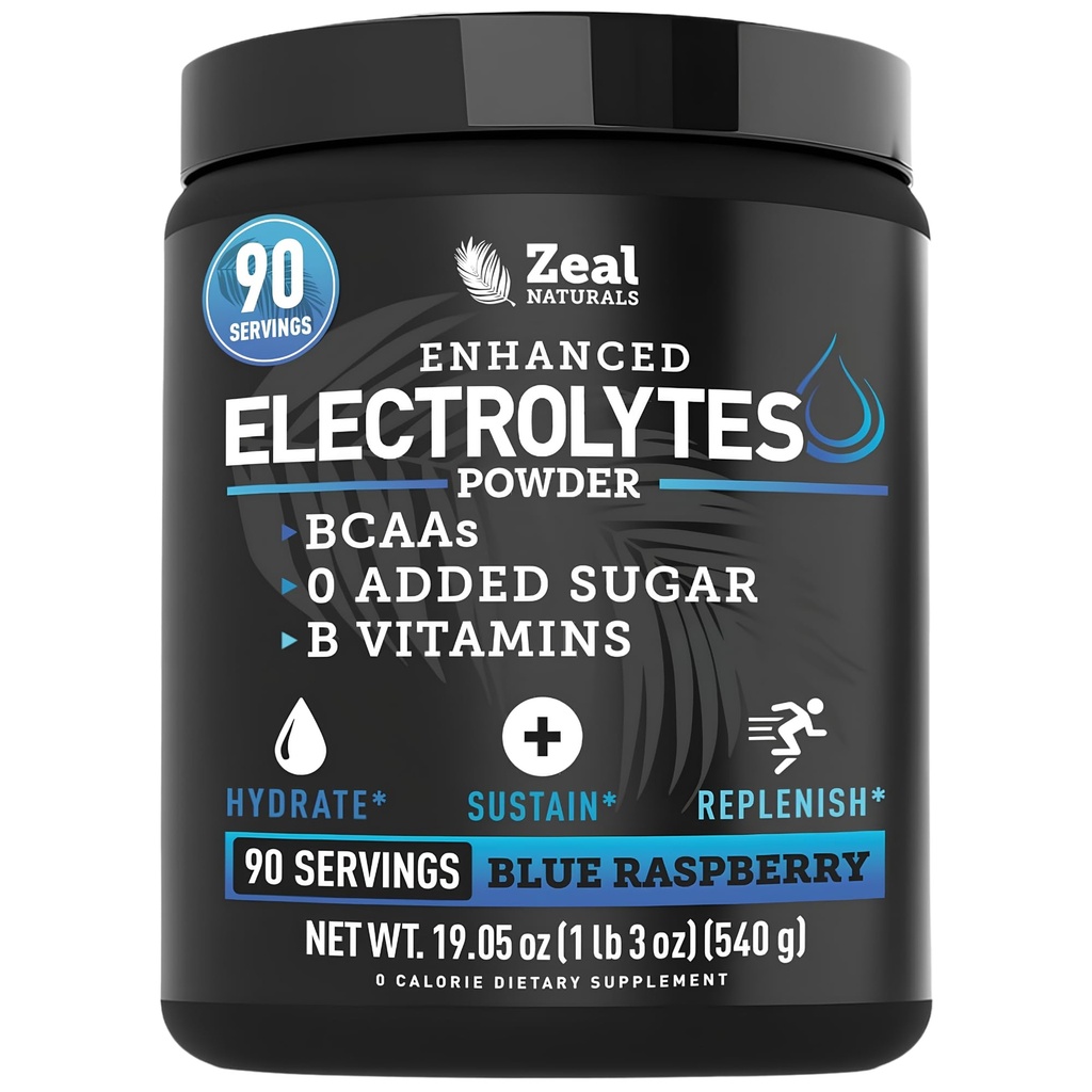 Zeal Naturals Electrolyte Powder Recovery Drink (90 tarjoilua sininen vadelma) w 0 Sokeri + BCAAs + B-vitamiinit Elektrolyytti täydentää w Kaliumsinkki & magnesium for Hydration - Keto Electrolytes