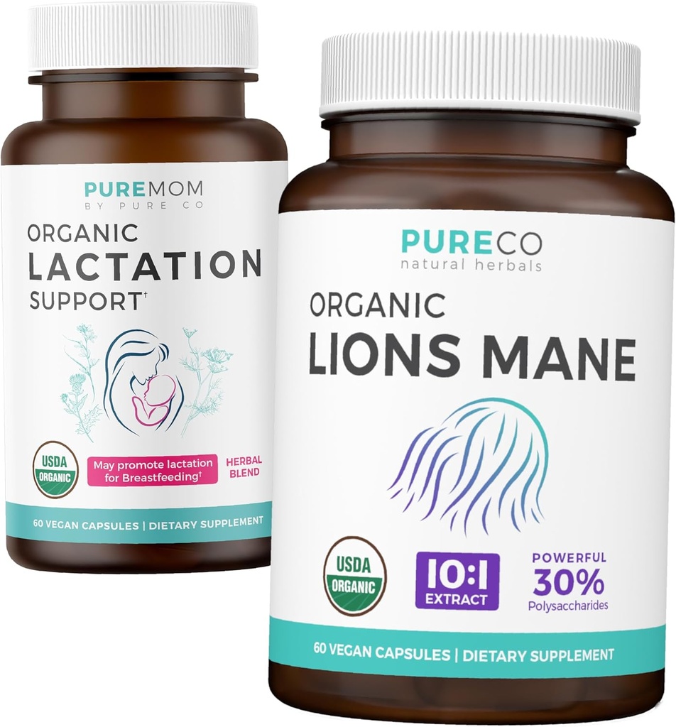 Imetys Tuki & Lions Mane (1-kuukautinen toimitus) Äidit Mieli Bundle of Organic Imetys Support - Tuki hoitoäideille (60 kapselia) & Organic Lions Mane Mushroom 10:1 Extract (60 capules)