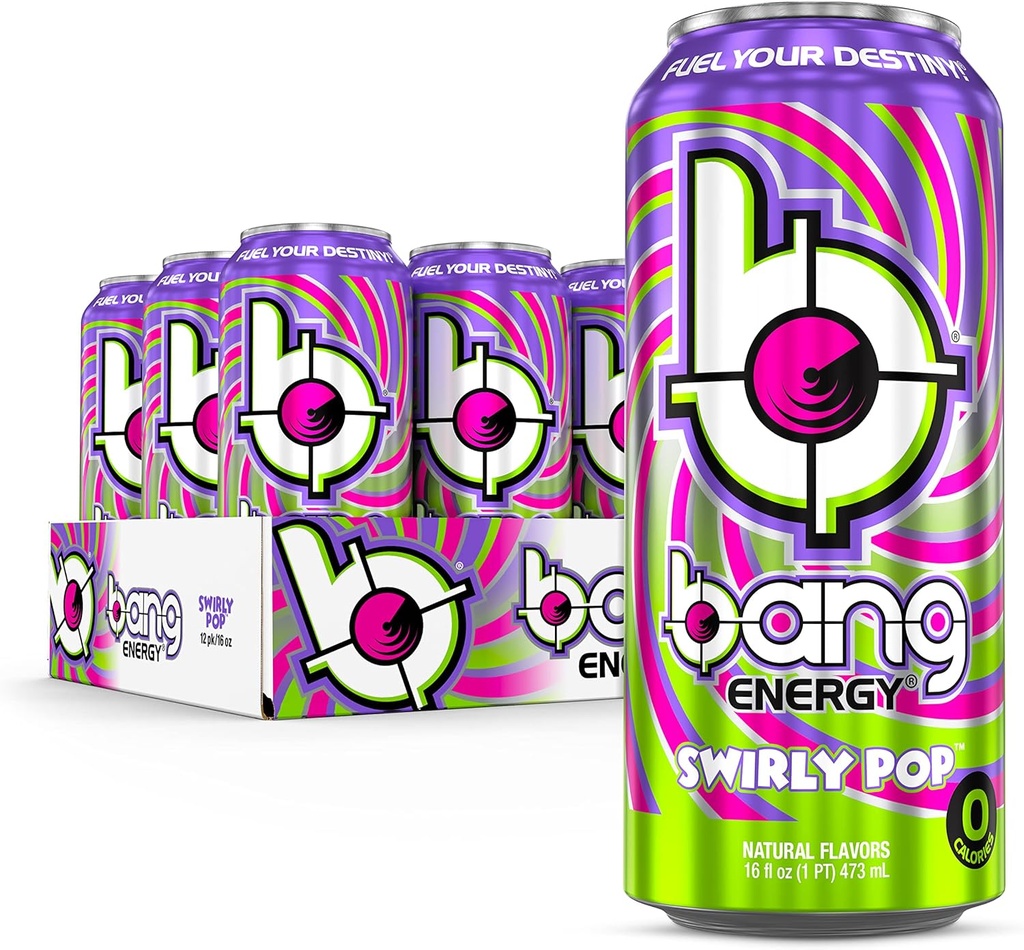 Bang Energy Swirly Pop, Sokeriton, Energiajuoma, 16 Ounce (Pakki 12)
