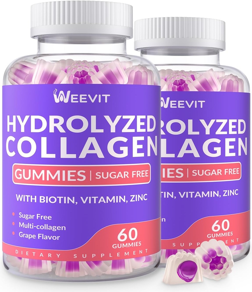 Sokeriton hydrolysoitu kollageeni Gummies, Collagen Peptide Gummies for Women, Collagen Protein tyyppi I, II, III, V, X kanssa Biotiini, C-vitamiini, D, B12 hiusten ihon kynnet
