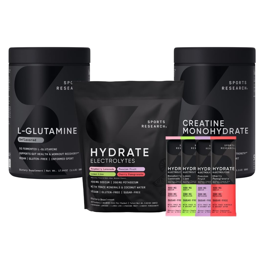 Sports Research L-glutamiini (1,1 lbs), sokeriton luonnollisesti makuinen Elektrolyytit 16x Lajike Paketit ja kreatiinimonohydraatti (1,1 lbs)