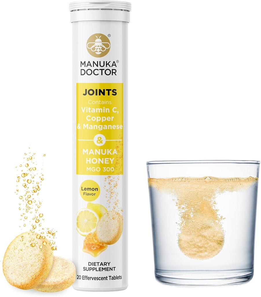Manuka Doctor Joints * Päivittäinen yhteinen tuki täydentää Manuka Honey, C-vitamiini, kupari & Mangaani edistää yhteistä terveyttä, sitruuna maku, 20 poreilevat tabletit