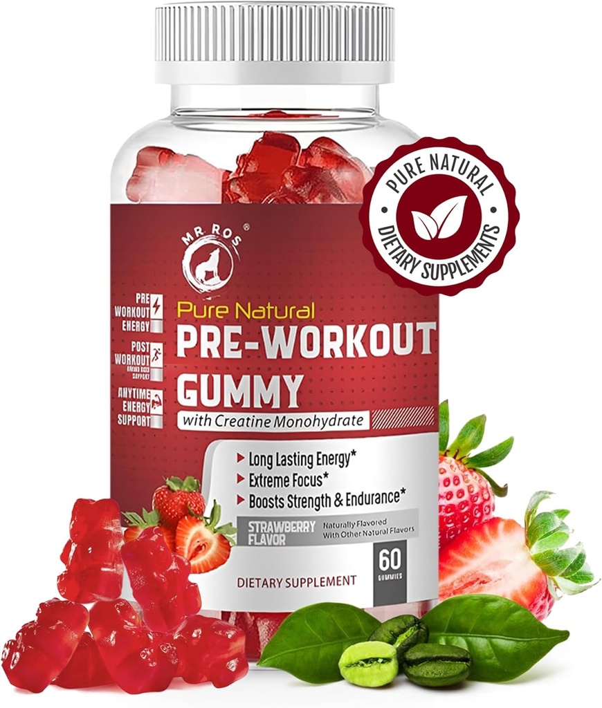 Rena naturliga pre-workout gummies med kreatinmonohydrat och grönt kaffeböna extrakt - energi, fokus, uthållighet Boost, jordgubbsmak, 60 gummies