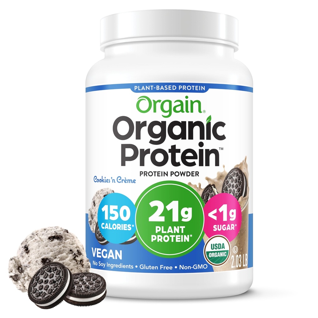 Orgain Organic Vegan Protein Powder, Cookies & Cream - 21g Plant Based Protein, 7g Prebiotic Fiber, Low Net Carb, No Lactose Ingredients, No Added Sugar, Non-GMO, För Shakes & Smoothies, 2,03 lb