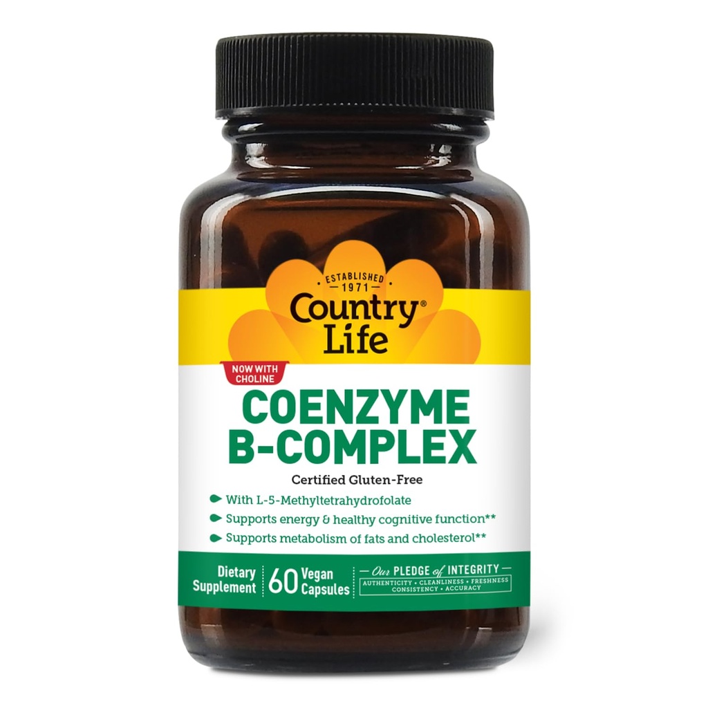 Country Life Coenzyme B-Complex, 60 kapslar - Stöder energi och metabolism, humör och kognitiv funktion - Vegan, glutenfri, biotillgänglig B-vitaminer med kolin