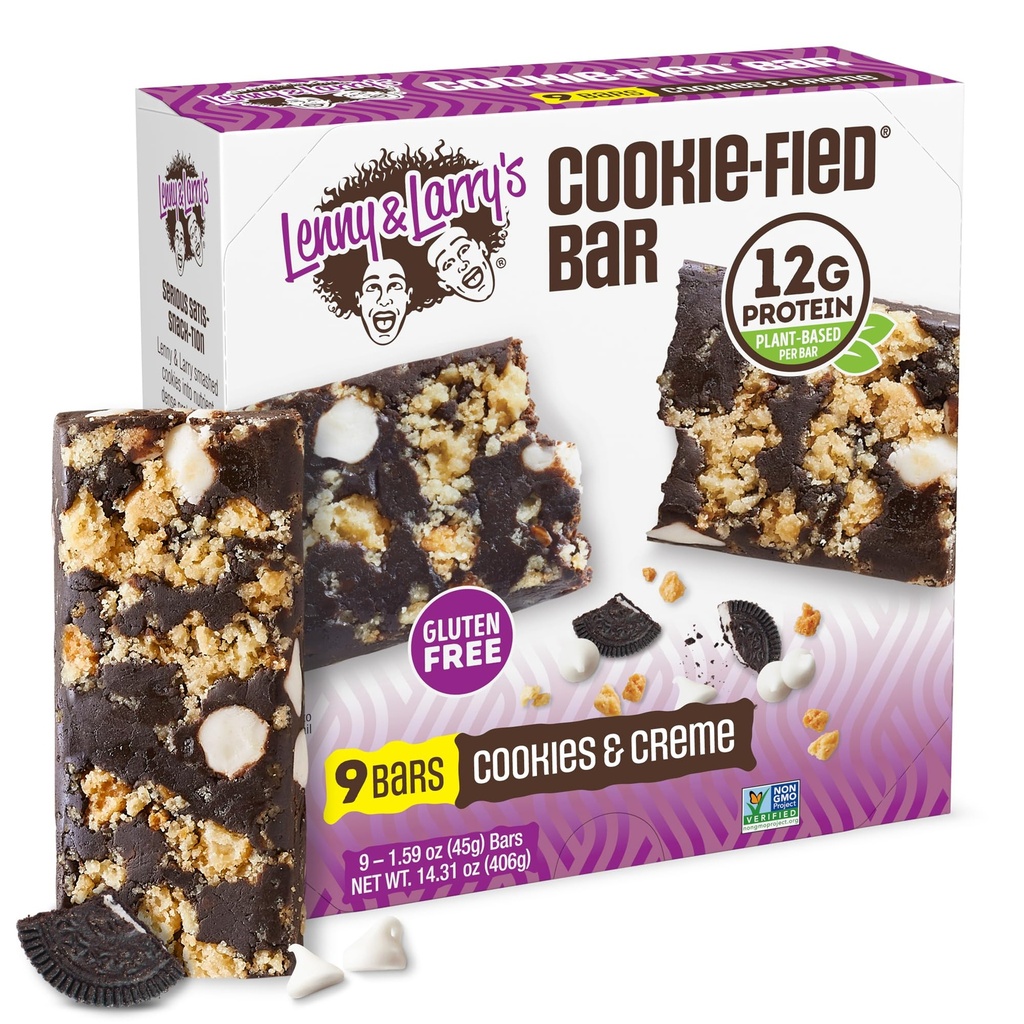 Lenny & Larrys Cookie-fied Protein Bar - Cookies & Creme Vegan Protein Bars 9x45g - Hälsosamma Snacks med 12g Plant Protein & 5g Fiber - Gluten Free Power Bar, Keto Friendly, Non-GMO & Vegan