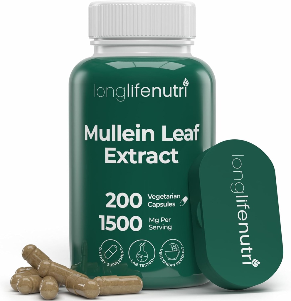 LongLifeNutri Mullein Leaf 1500mg 10:1 Extract - 200 kasvissyöjän kapselia, luomumullein Leaf Powder, yrttilisä hengitysteiden hoitoon, 2-kuukautishuolto, ei-GMO, GMP Certified, Valmistettu Yhdysvalloissa