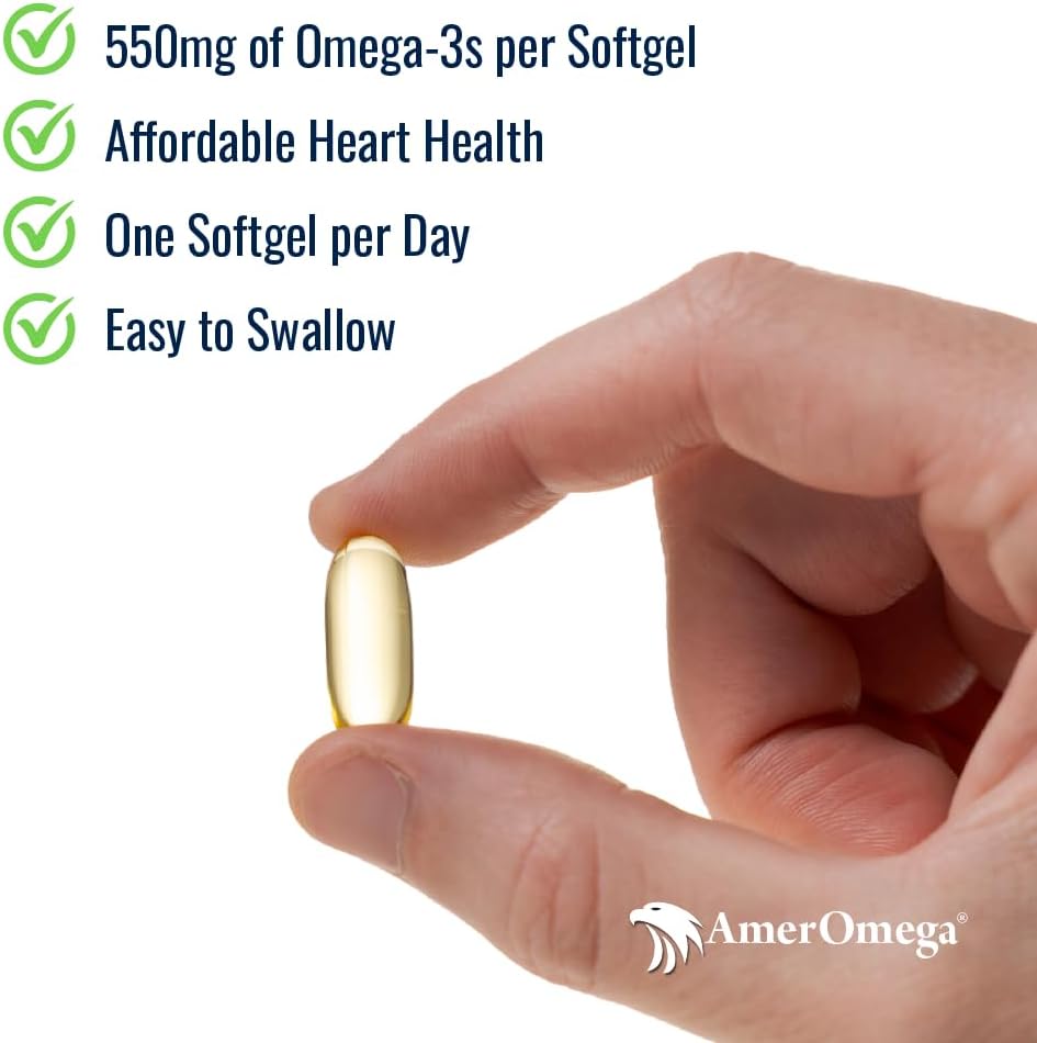 AmerOmega Triglyseride Omega-3 Fish Oil for Heart Health Support - Wild-Caught Alaskan Walleye Pollock - American-Sourced, American-Made - Ei-GMO, Gluteeniton & Dairy-free - 60 Softgels