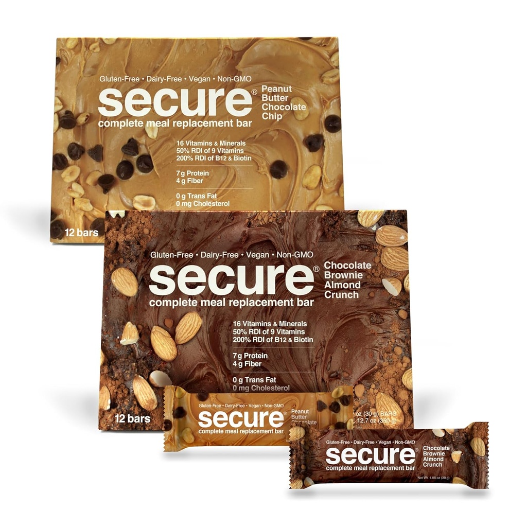 ANDREW LESSMAN Secure Complete Meal Replacement Bars - 7g Vegan Protein Bars. Inulin Fiber. Low Calorie, Gluten och Dairy-Free 24, Variety Pack: Chocolate Brownie och Peanut Butter Chocolate Chip