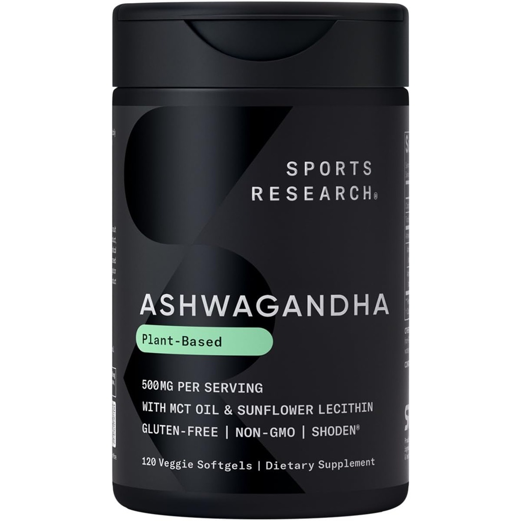 Sports Research® Ashwagandha Softgels med Coconut MCT Oil - Natural Ayurvedic Adaptogen Made with Shoden® Ashwa for Relaxation, Calm & Sleep Support - Gluten Free & Vegan Friendly - 120 Count