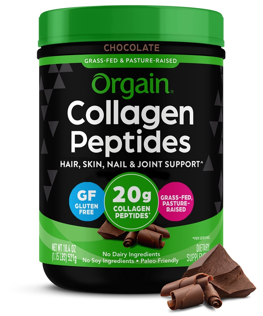 Orgain Hydrolysed Collagen Peptides Powder for women & Men, Chocolate, 20g Grass Fed Collagen - Hiukset, iho, kynsi, & Joint Support Supplement, Paleo & Keto, ei-GMO, tyyppi I ja III, 1lb