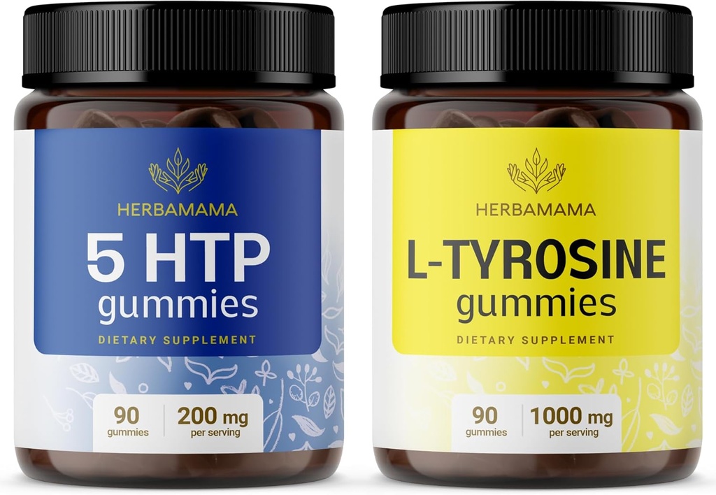 HERBAMA L-Tyrosin och hjärnstöd Kit - Bundle på 200 mg 5-HTP & 1000 mg L-Tyrosin Gummies - Vegan, Non-GMO, Gelatin-Free - 2 Pack