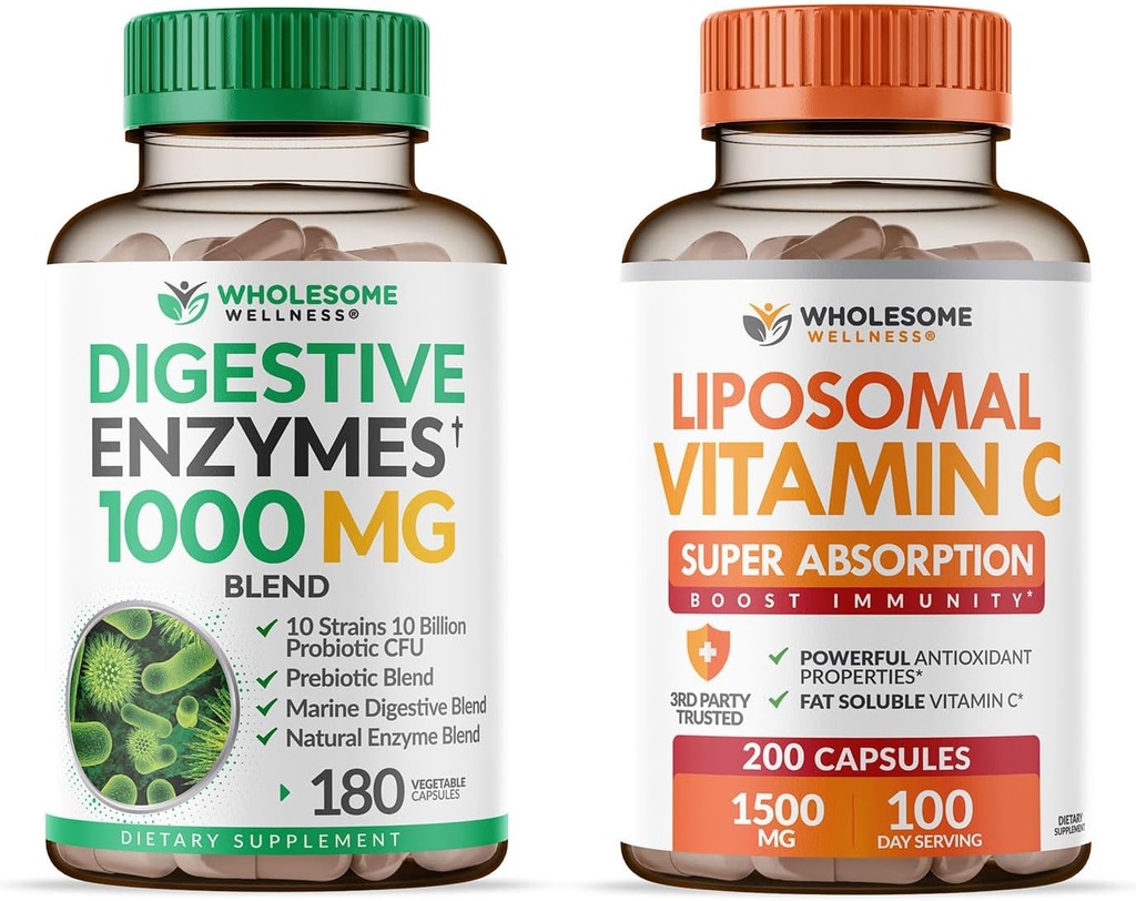 Allvarlig Wellness Digestive Enzymes 1000MG Plus Prebiotika & Probiotika + Liposomal Vitamin C Capsules (200 Pills 1500mg Buffered) Bundle