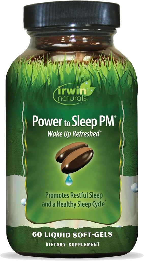Irwin Naturals Power to Sleep PM - 60 Liquid Soft-Gels - Melatoniini, GABA, Ashwagandha, Valerian Root & L-Theanine - 30 Servings