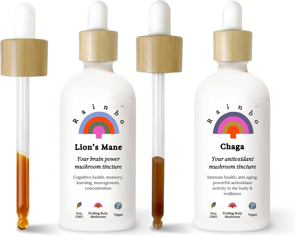 Rainbo Mushroom Bundle, leijonan mane-sieniuute + Chaga-sieni-tinktuuri, Dual Extract Daily-sieni-tinctures for Comprehensive Immune Support, Vegan Liquid Mushroom lisäravinteet