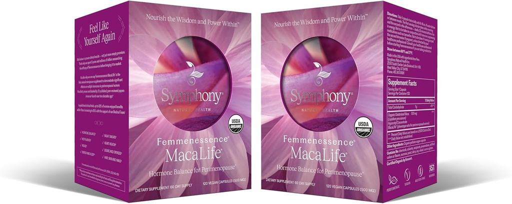 Femmenessence® MacaLife® - Kliniskt bevisat perimenopausalt tillskott för naturlig hormonbalans, symtomlättnad, hjärt- och humörsupport, utan tillsatta hormoner (240 kapslar, 120 dagars leverans)