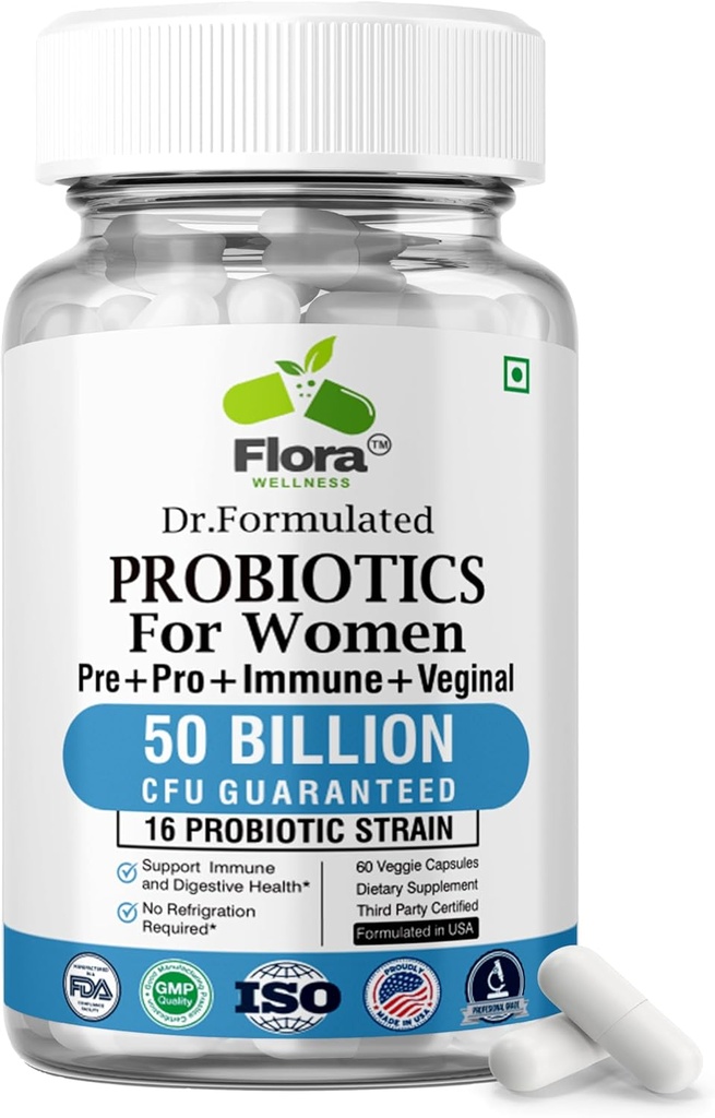 Probiootit naisille - 50 miljardia PMY, 16 kanta, Organic Prebiootit & Probiootit naisille (Eurofins Lab testattu) - Ruoansulatus-, emätin-, immuuni- ja virtsanterveys - 2 kuukauden tarjonta - 60 kapselia