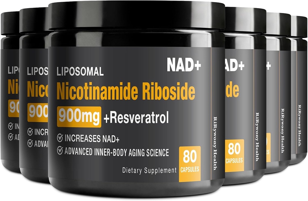 NAD-lisäaine - NAD+, jossa on Nikotinamidi Ribosidi (NR) ja Resveratrol Quercetin 900 mg Pure Organic NAD Plus Cellular Repair Healthy Aging Brain Function, 80 kapselia (Pack of 6)