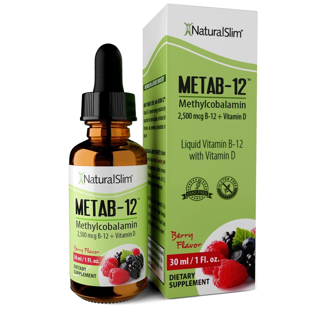 NaturalSlim Liquid B12 Vitaminer med vitamin D - Metab-12 Methylcobalamin 2500 mcg B12 Sublingual Drops för Metabolism, Energy, & Immune Support - Berry Flavor 1 fl oz