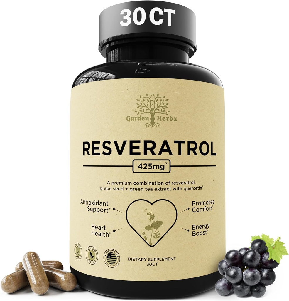 Quercetin & Resveratrol lisäravinteet viinirypäleen siemenen 425 mg kasviperäinen antioksidantti & hyvinvointi Tuki Polyfenolit & ravintoaine Blend General Health, 30Ct
