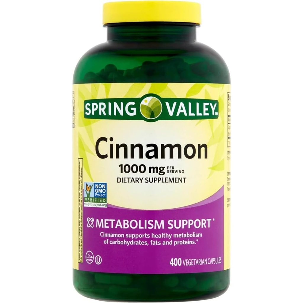 Spring Valley Cinnamon Dietary Supplement, 1000 mg, 400 Kasvissyöjä Kapselit - Aineenvaihdunta tuki. Sisältää Tarra.