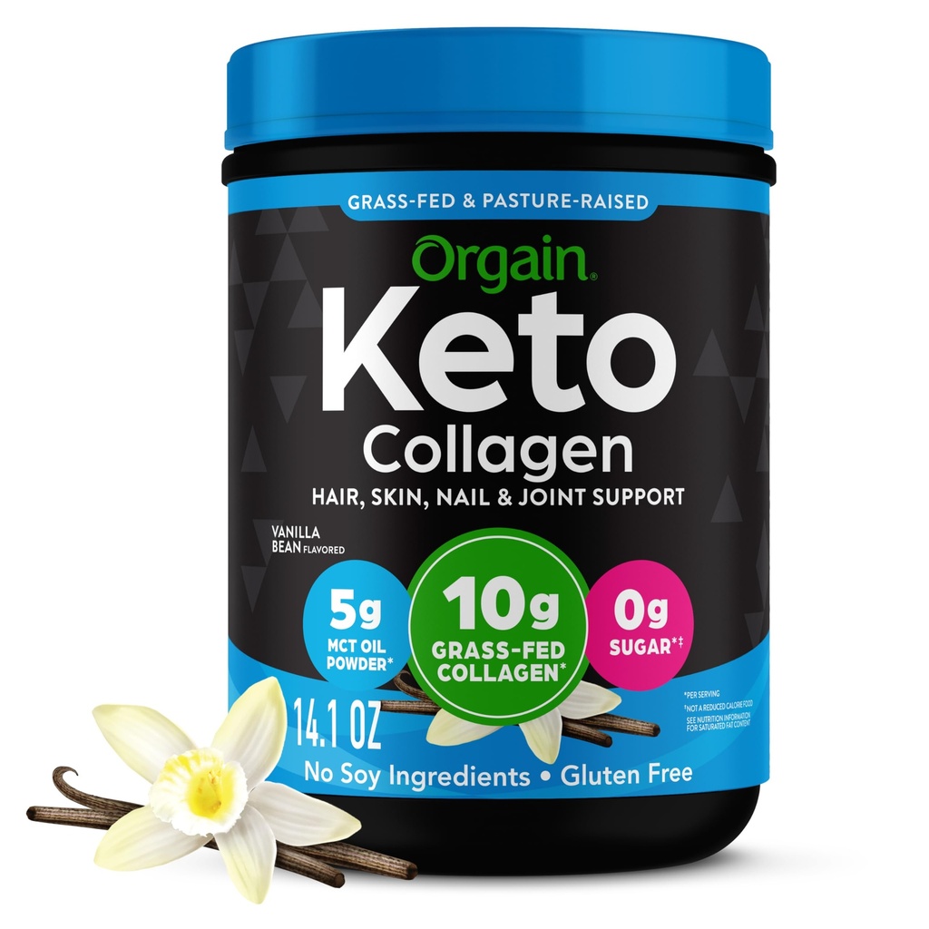 Orgain Keto Collagen Protein Powder, Vanilla - 10g Grass Fed Hydrolysed Collagen Peptides for Women & Men, Tyyppi I & III, 5g MCT Oil - Hiukset, iho, kynsi & niveltuki, ei-GMO, Gluteeniton - 0,88lb