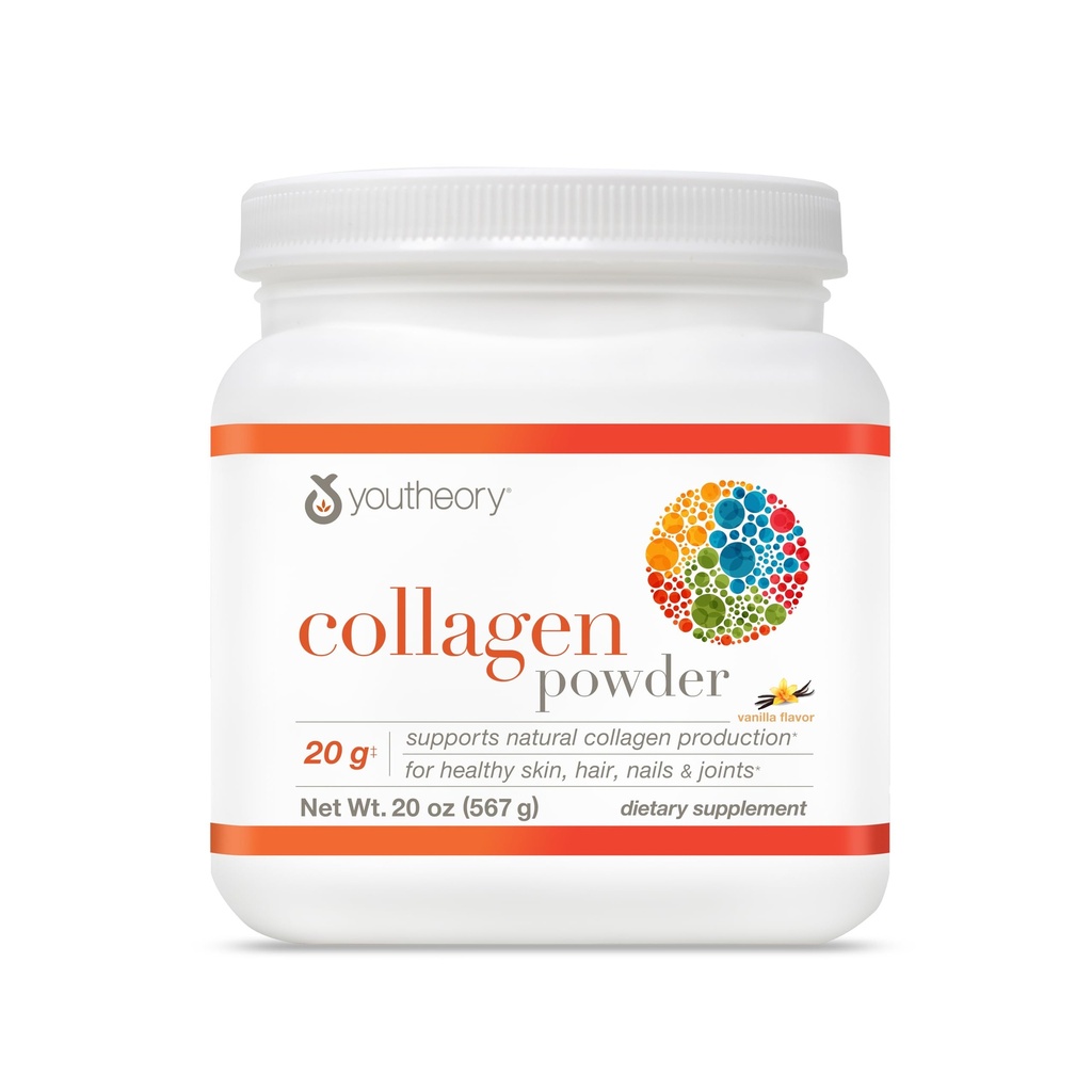 Youtheory Collagen Powder - kanssa Aminohapot, mineraalit, C-vitamiini & B7 (Biotin) - Tukee terveet luut, lihakset, hiukset, kynnet, iho & nivelet* - Hydrolysoitu - Vanilja - 20 oz (21 tarjoilua)