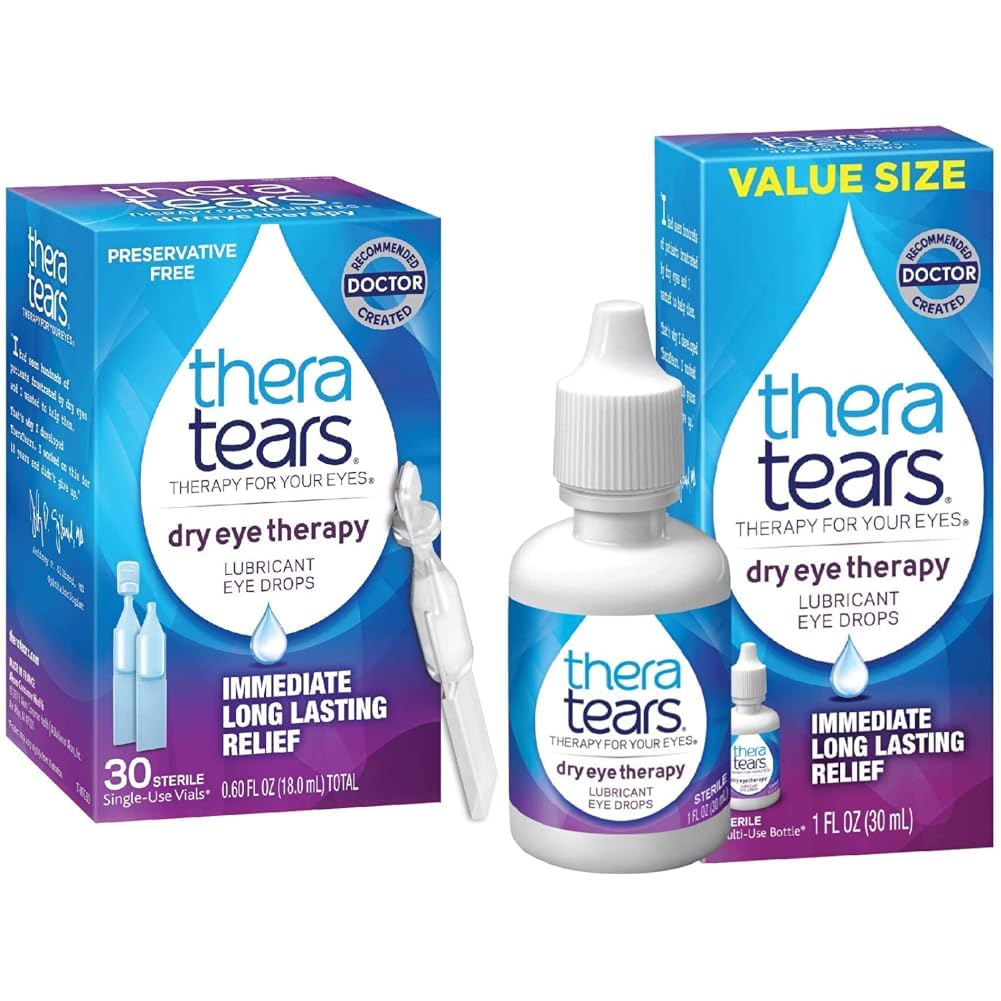 TheraTears Dry Eye Therapy Lubricating Eye Drops for Dry Eyes, Preservative Free Eye Drops, 30 Single-Use Vials & Dry Eye Therapy Eye Drops för Dry Eyes, 1,0 Fl Oz
