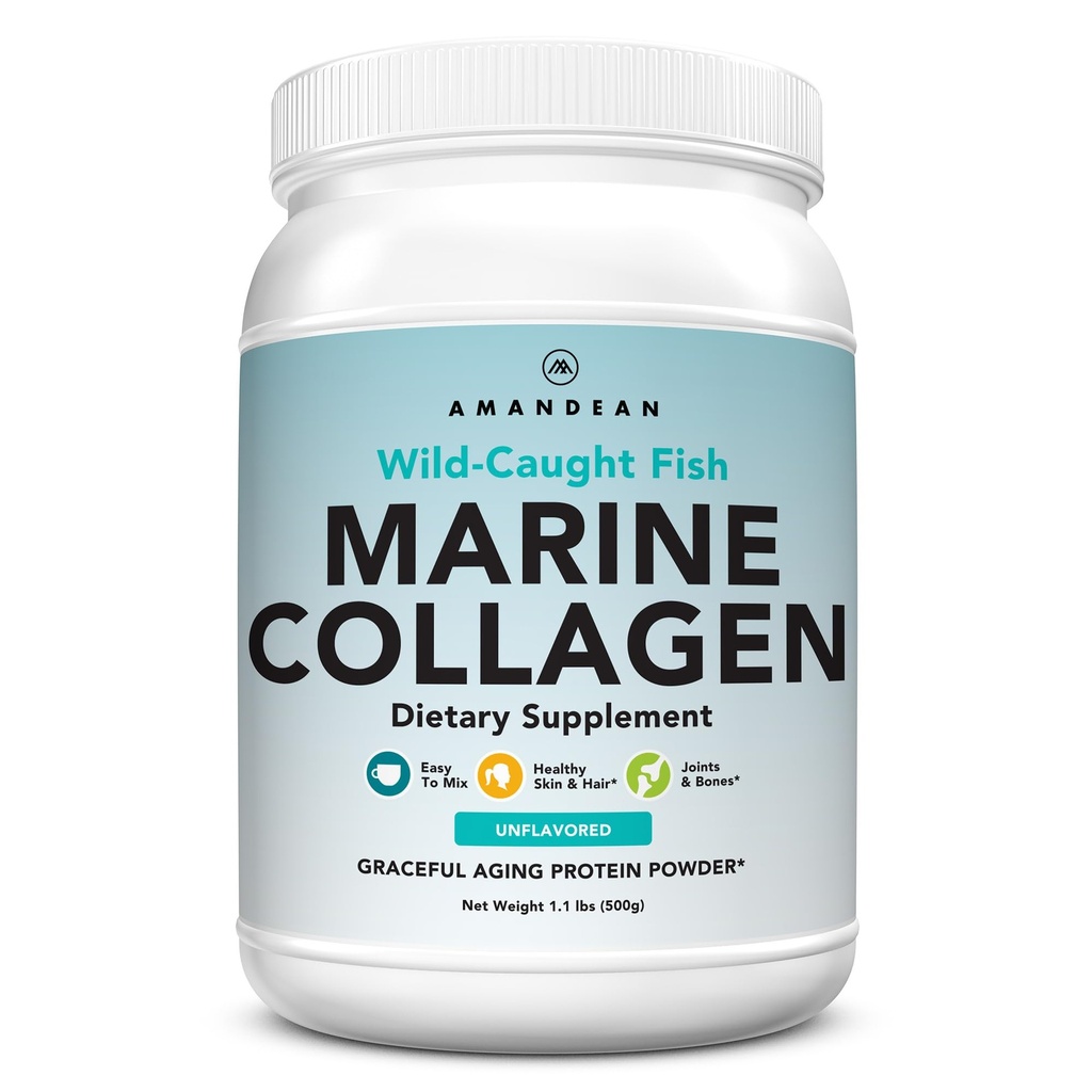 AMANDEAN Marine Collagen Peptides Powder. 500g Wild-Caught Hydrolysed Fish Collagen Supplement. Tyyppi 1 & 3 Kollageeniproteiini. 18 Aminohapot iholle, hiukset, kynnet.