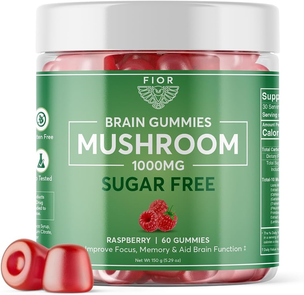 FIOR Luonnollisesti sokeriton sieni Gummy Total Sienten Blend täydentää, 60 Count, Multi Sienten Complex, Lions Mane, Chaga, Cordyceps, Reishi, Turkki Tail, Maitake, Shiitake, Kuningas Trumpet