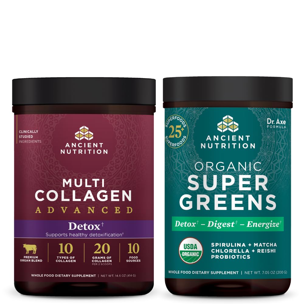 Antiikin ravitsemus Multi Collagen Advanced Powder Cleanse & Detox, makuamaton, 36 tarjoilua + Luomu Supergreens Powder, Greens Flavor, 25 tarjoilua