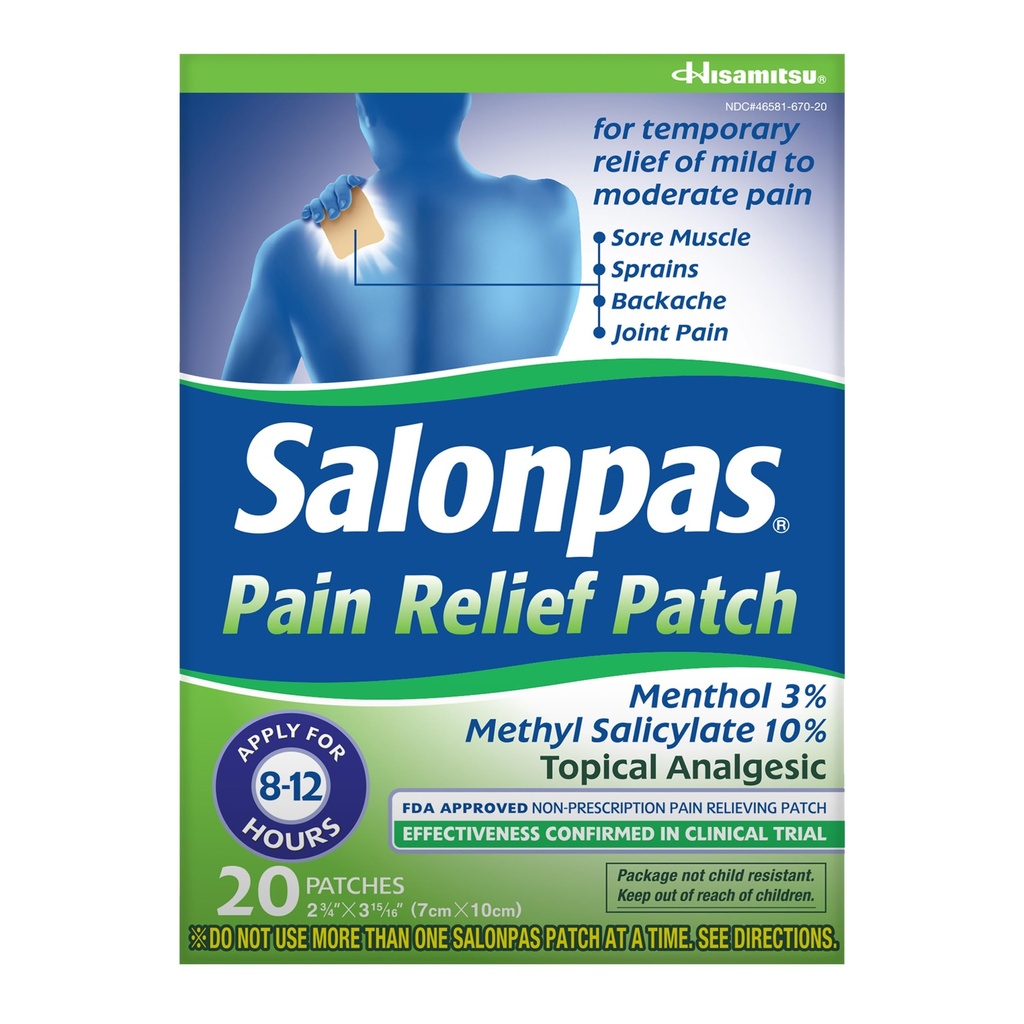 Salonpas Pain Relief Patch, 20 Count (Pack of 1), Enintään 12 tuntia väliaikainen helpotus Lievä tai kohtalainen kipu, selkäkipu, Sure lihas, nyrjähdykset, mustelmat