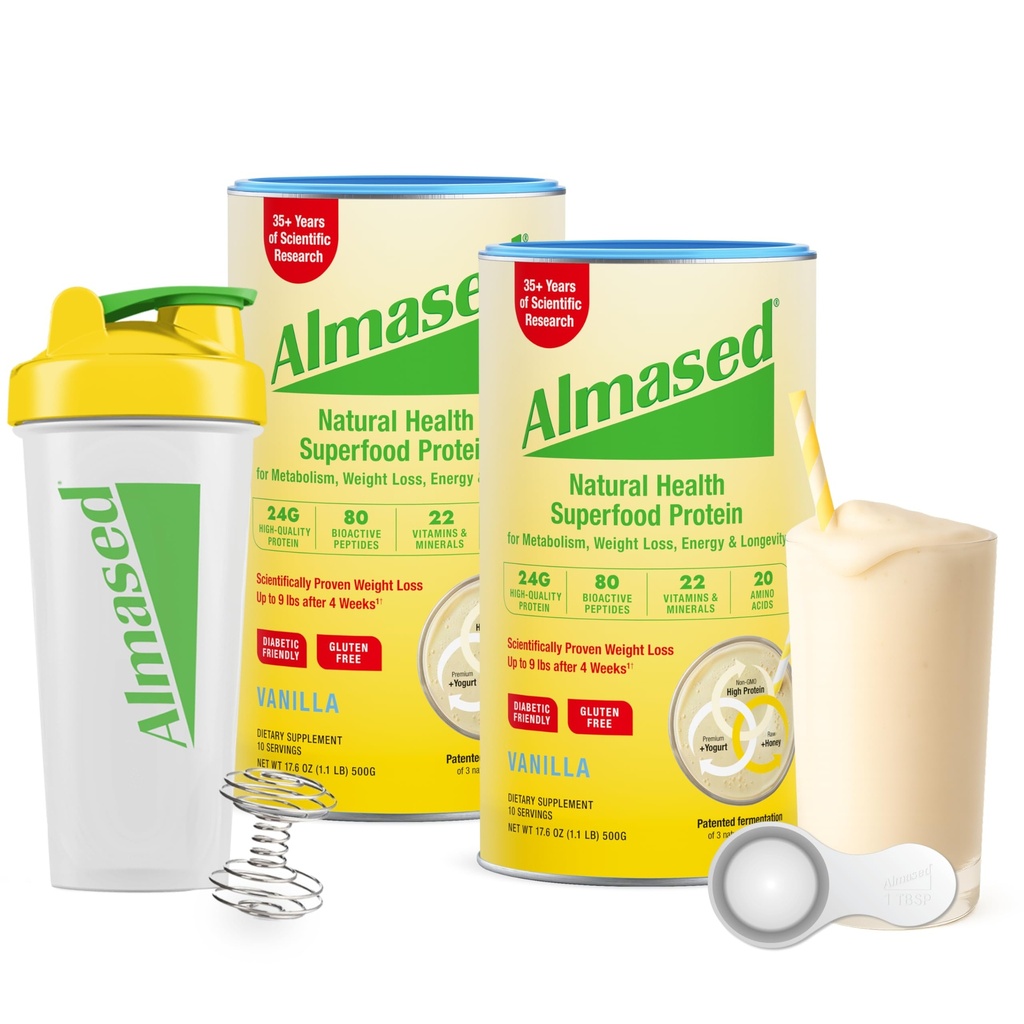 Almased Meal Replacement Shakes for Weight Loss - Protein Powder - Starter Kit (Almond Vanilla Flavor, 2 purkkia 17,6 oz + Shaker Bottle + Scoop)