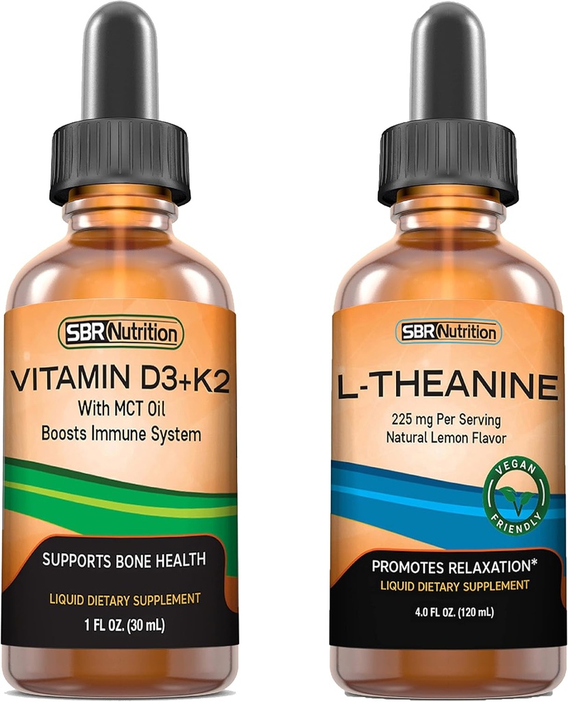 SBR Nutrition D3+K2 ja L-Theanine Bundle-vitamiini D3K2 (MK7) nestetippa, piparminttu, 1oz ... L theaniini 225 mg nestetippa, 2oz.