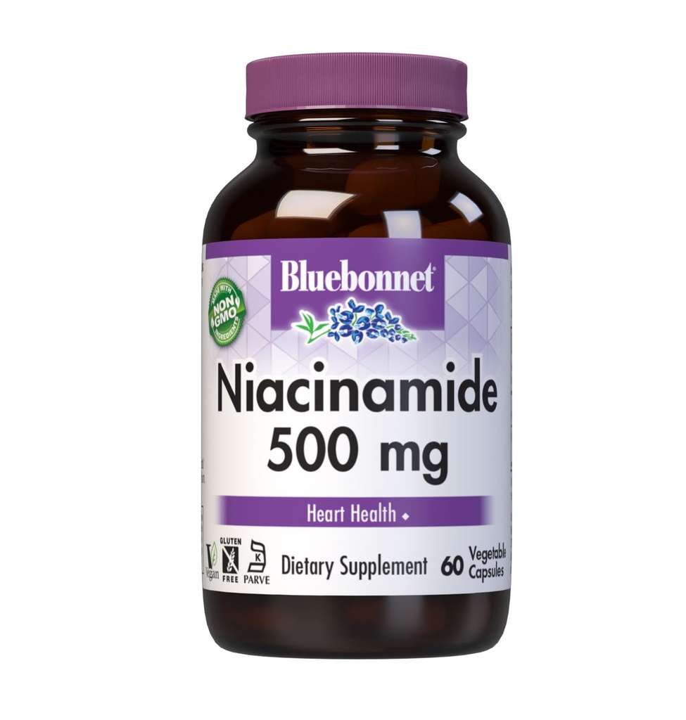 Bluebonnet Nutrition Niacinamide 500 mg, tukee kardiovaskulaarista terveyttä*, soijaton, gluteeniton, ei-GMO, Kosher Certified, Dairy-free, Vegan, 60 Vihanneskapseli, 60 tarjoilua