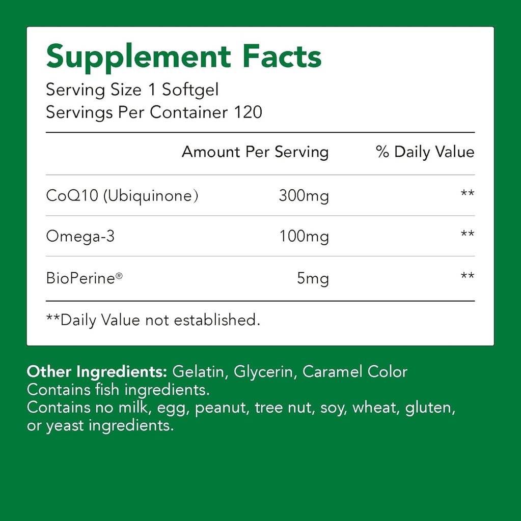 Lisäravinteet, Ubikinoni CoQ10 (Coenzyme Q10) 300 mg, BioPerine (5mg) ... tukee sydänterveyttä, energiaa ja imeytymistä (1 pullo-120 Softgels-2mo Supply) ...
